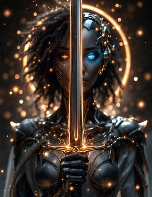 The primary subject of the image is a woman with a sword. She is wearing a black outfit and has a blue glow around her. The setting is a dark room with a glowing background. The visual style is digital art, and the colors and mood are dramatic and mysterious.
